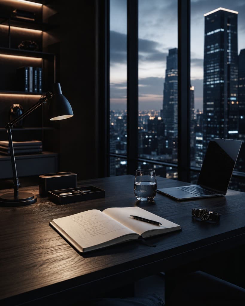 Disciplined evening workspace overlooking the city