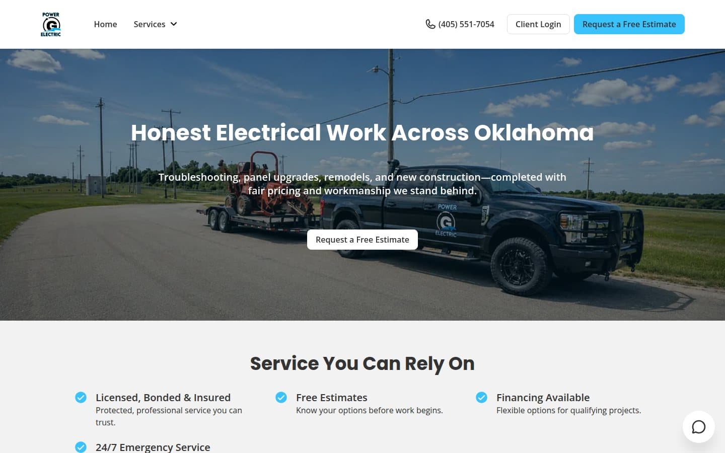 Homepage screenshot of Power G Electric electrical services website